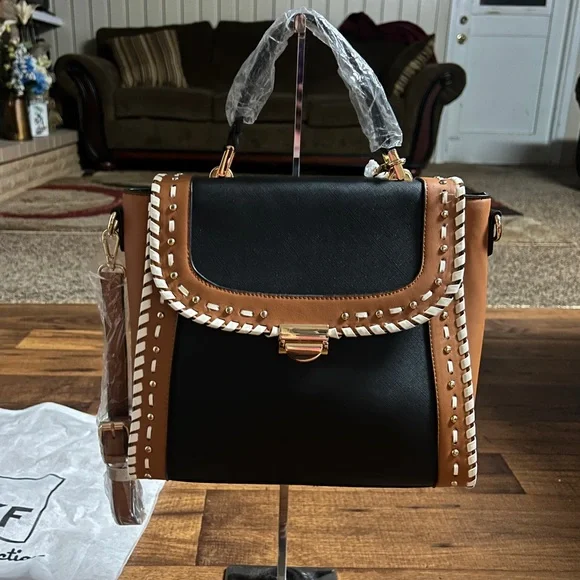 MKF Collection by Mia K Flora ~ Brown/Beige Leather W/ Flora Satchel Bag ~ New - Picture 3 of 16